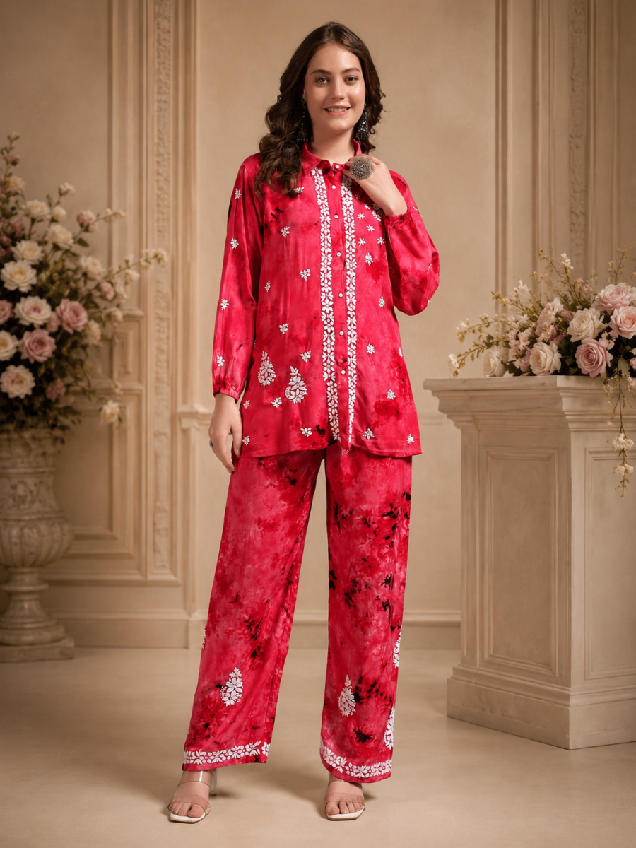 Luxury Fuchsia Pink Modal Hand Embroidered Co-Ord Set for Women | Premium Modal Shirt & Pant Set
